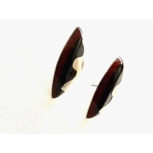 Vintage Taxco Sterling Silver TC-14 Signed Onyx  Carnelian Inlay Post Earrings - Picture 4 of 5